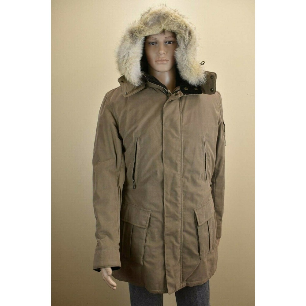NWT MENS BELSTAFF TAN COTTON COYOTE FUR HOODED SNAP ZIP WINTER JACKET SIZE XL